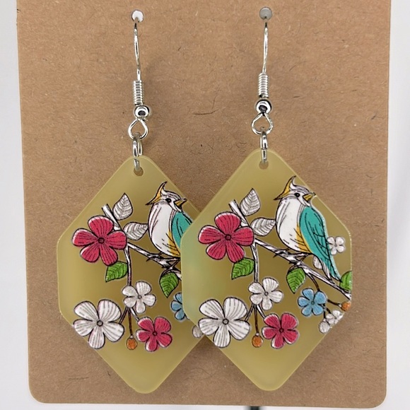 Acrylic Bird Circle Dangle Earrings - Picture 1 of 2